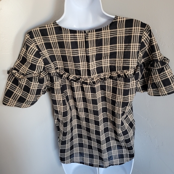 Madewell Black Tan Cream Plaid Short Sleeve Blouse Ruffle Trim Small Holiday Top - Picture 5 of 6